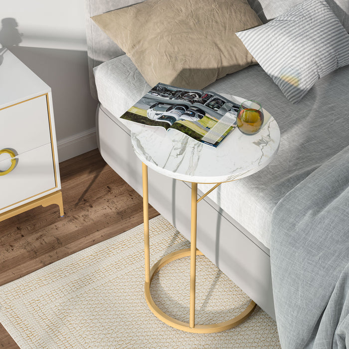 C Table, Round End Side Table with Faux Marble Top Tribesigns