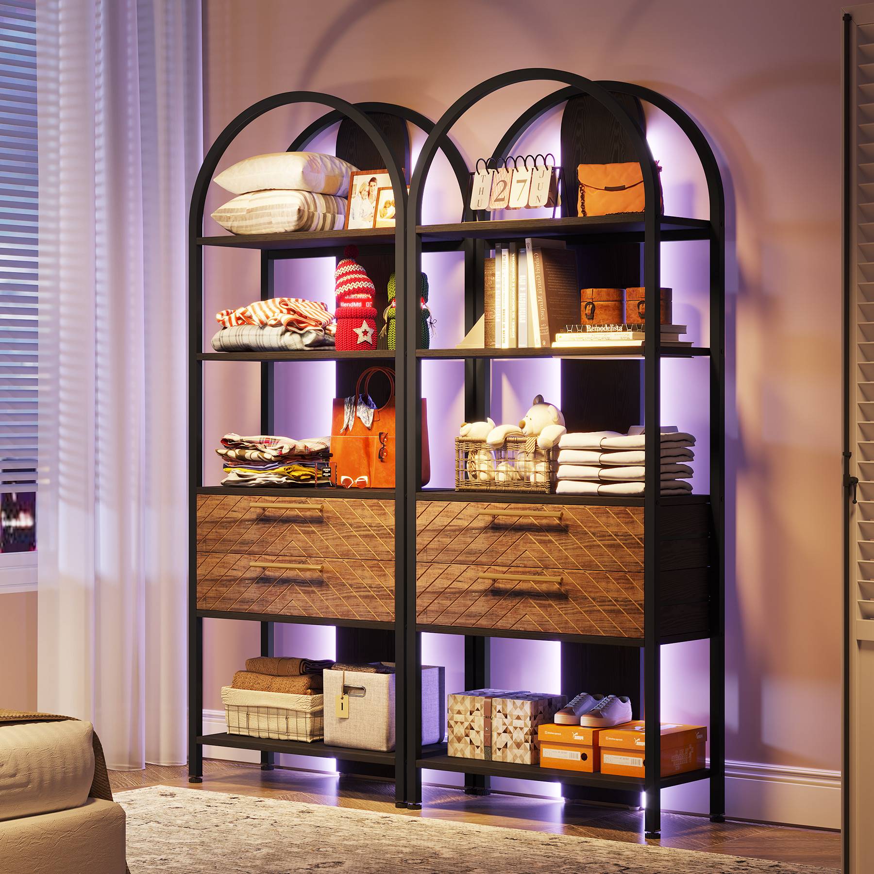 Tribesigns Bookshelf, 4-Tier Industrial Bookcase with 2 Drawers & LED Light Tribesigns