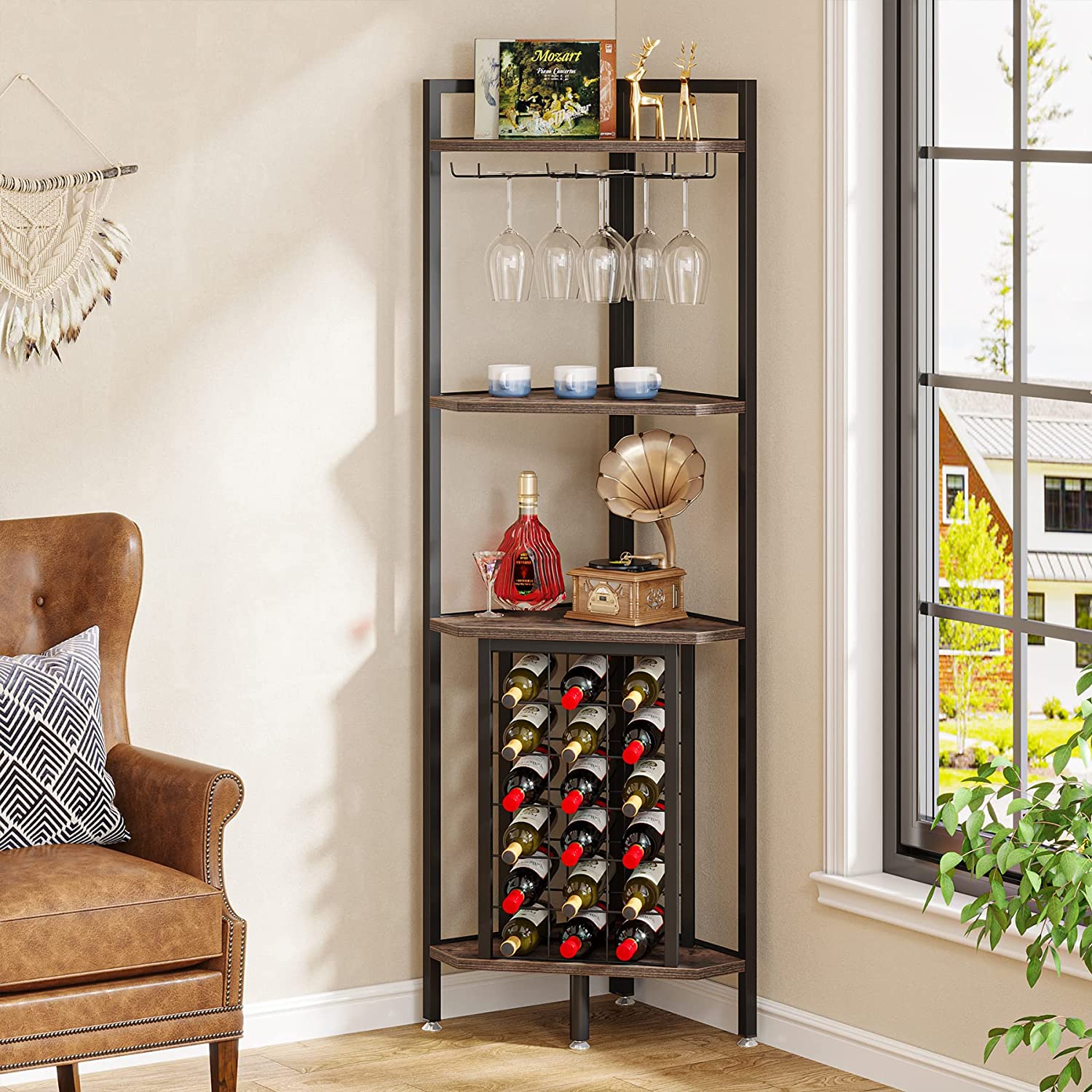 Wine Rack, 4 Tier Corner Shelf with Glass Holder Tribesigns