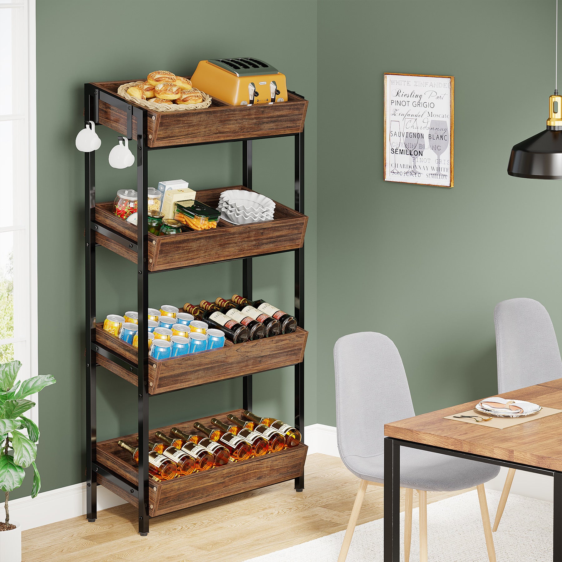 Tribesigns's Wood Fruit Vegetable Storage Rack Stand, 4-Tier Storage Organizer perfect for dining room decor.