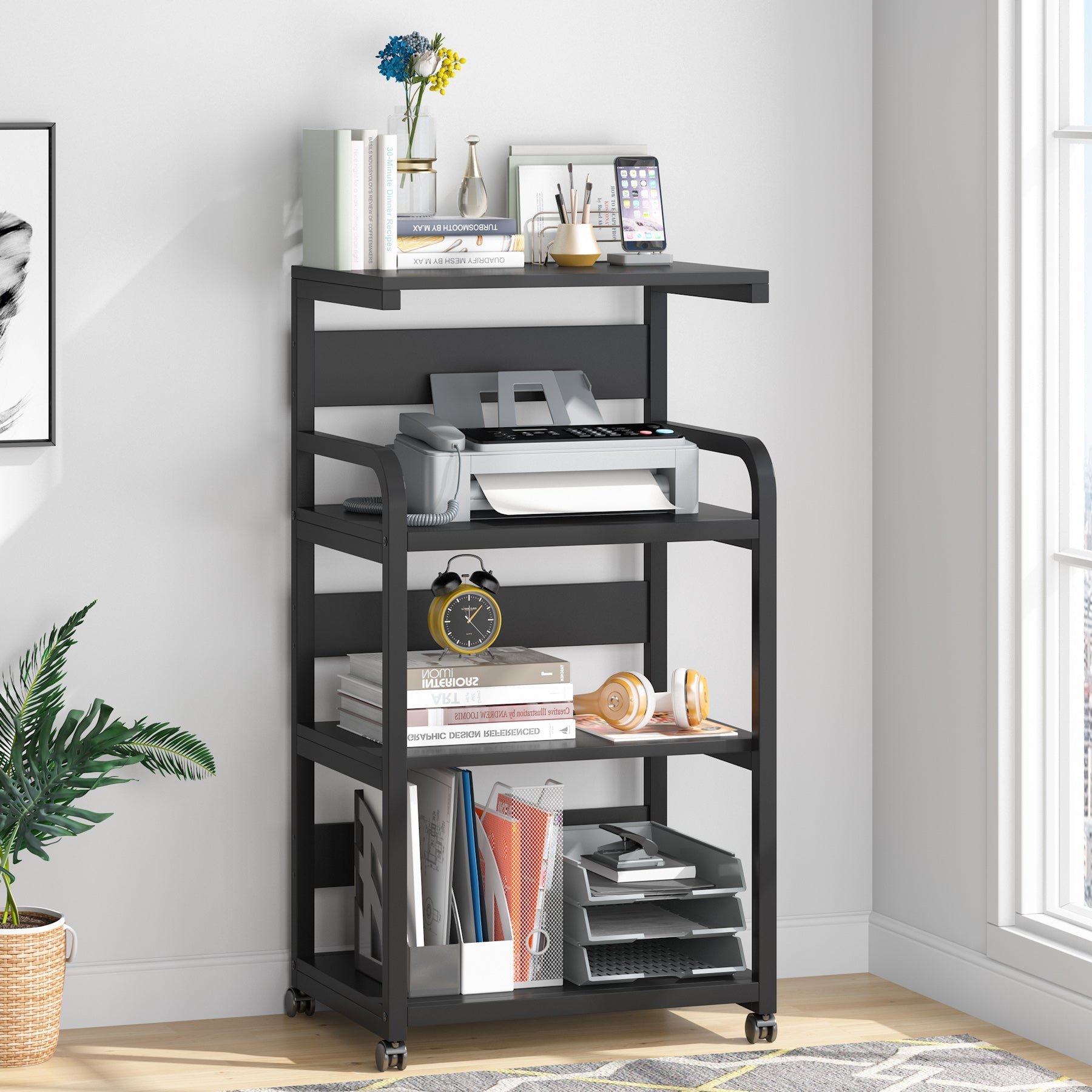 3-Shelf Mobile Home Office Caddy Printer Stand Cart in Black