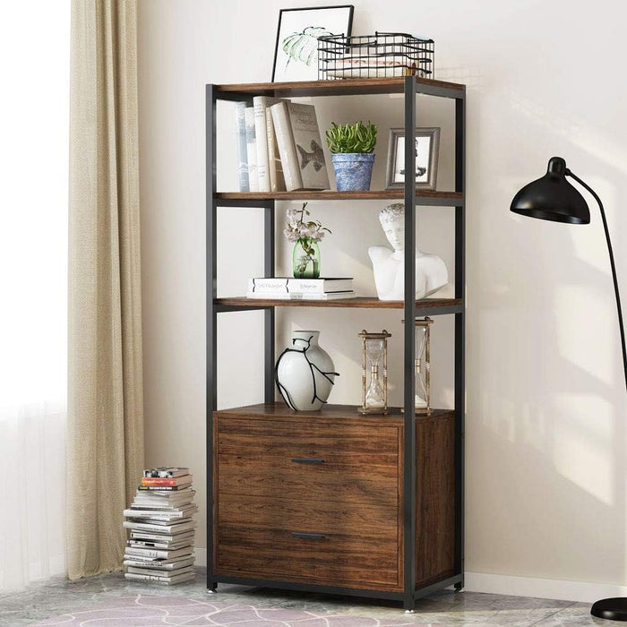 4-Tier Bookshelf Etagere Display Bookcase with 2 Drawers Tribesigns