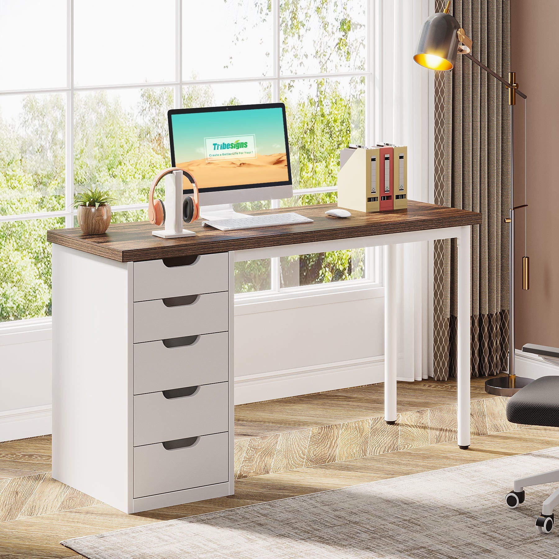 47 Computer Desk with 5 Drawers Modern Study Table Writing Desk Brown White