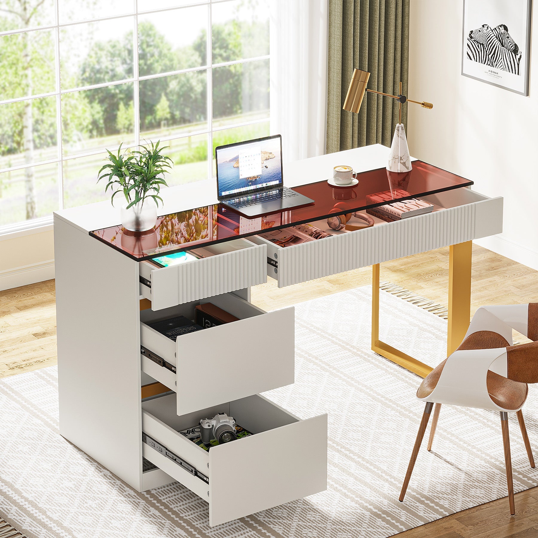 47.24" Computer Desk with 4-Drawer Filing System and Glass Top - Thumbnail 2