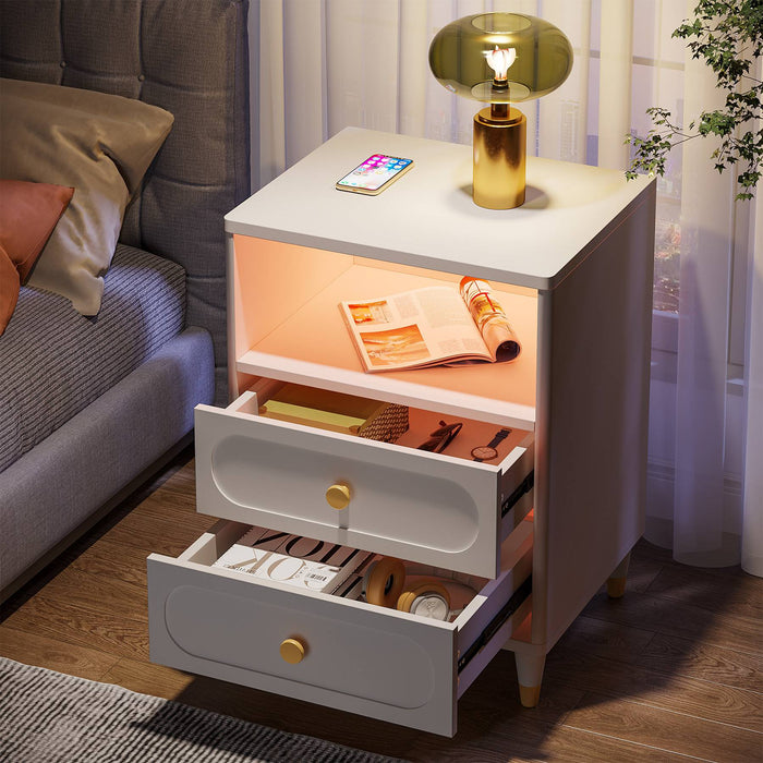 Nightstand, 2-Drawer Bedside Table with LED Light & Storage Shelf Tribesigns