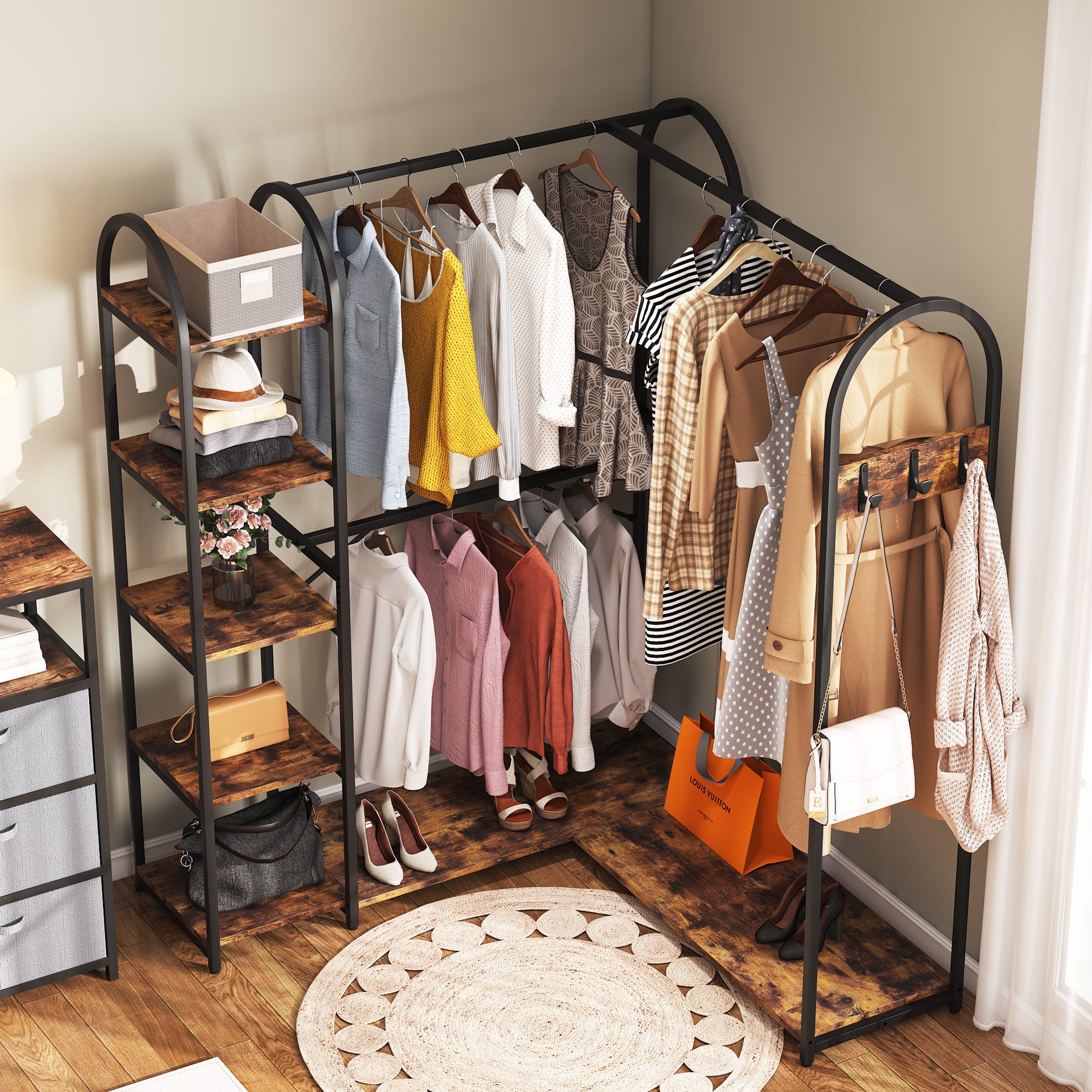 L-Shaped Clothes Rack, Corner Garment Rack with Storage Shelves - Thumbnail 5