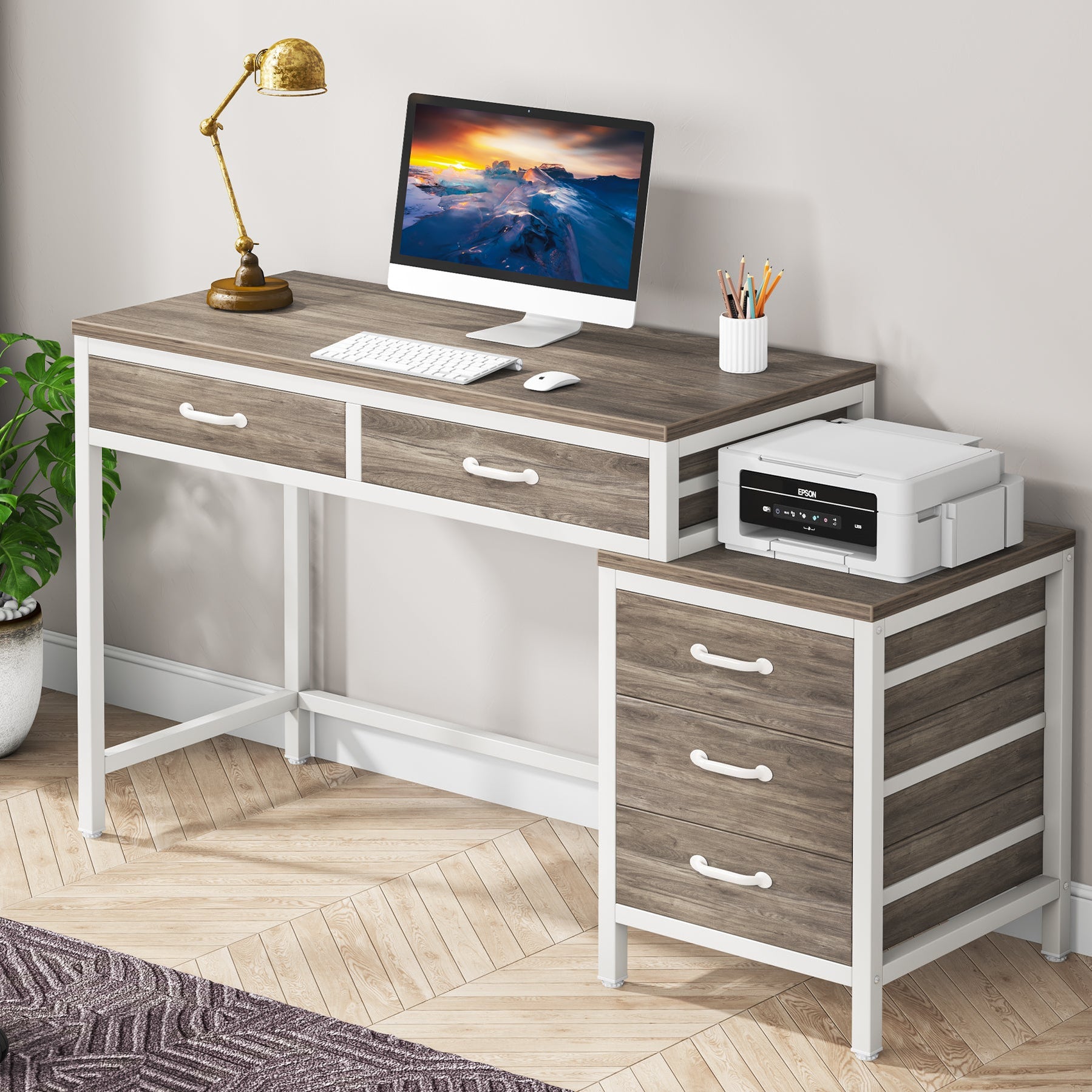 Drawer Computer Drive Tribesigns 51‘’ Vintage Computer Desk with Drawers