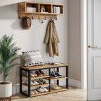 Hallway view of the Vintage Oak 5 IN 1 Coat Rack Shoe Bench Set, Hall Tree with Wall Mounted Shelf by Tribesigns.