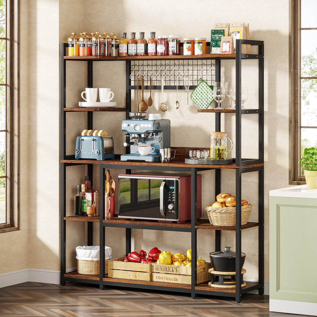 Tribesigns Way to Origin Bachel Rustic Brown 5-Tier Kitchen Bakers Racks with Hooks and Hutch, Balcony Plant Stand, Office Display Organization.