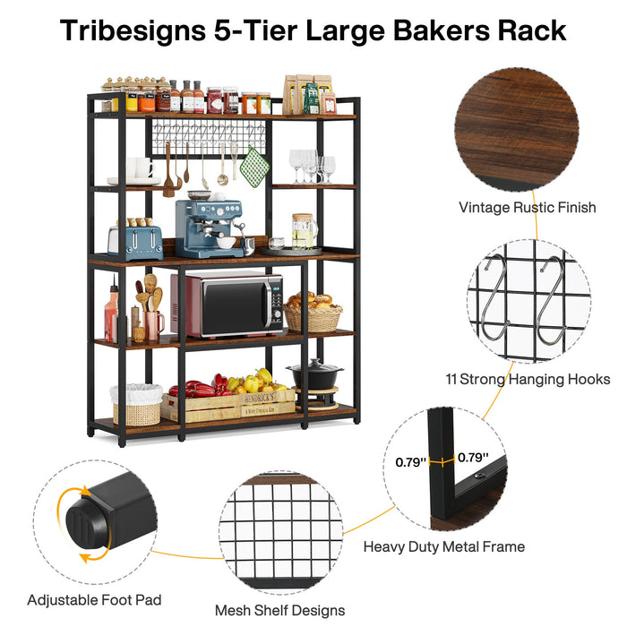 5-Tier Kitchen Baker's Rack, 55" Wide Kitchen Storage Shelf with 11 Hooks Tribesigns