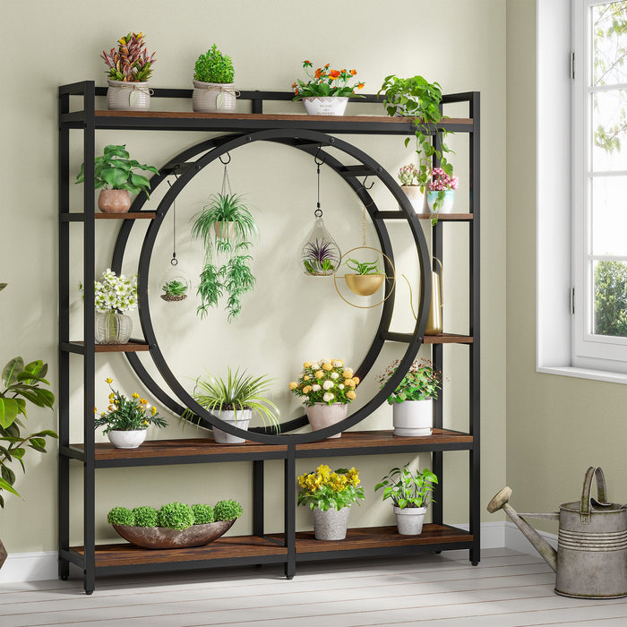 5-Tier Plant Stand, 59" Wide Plant Shelf Display Rack with 4 Hanging Hooks Tribesigns