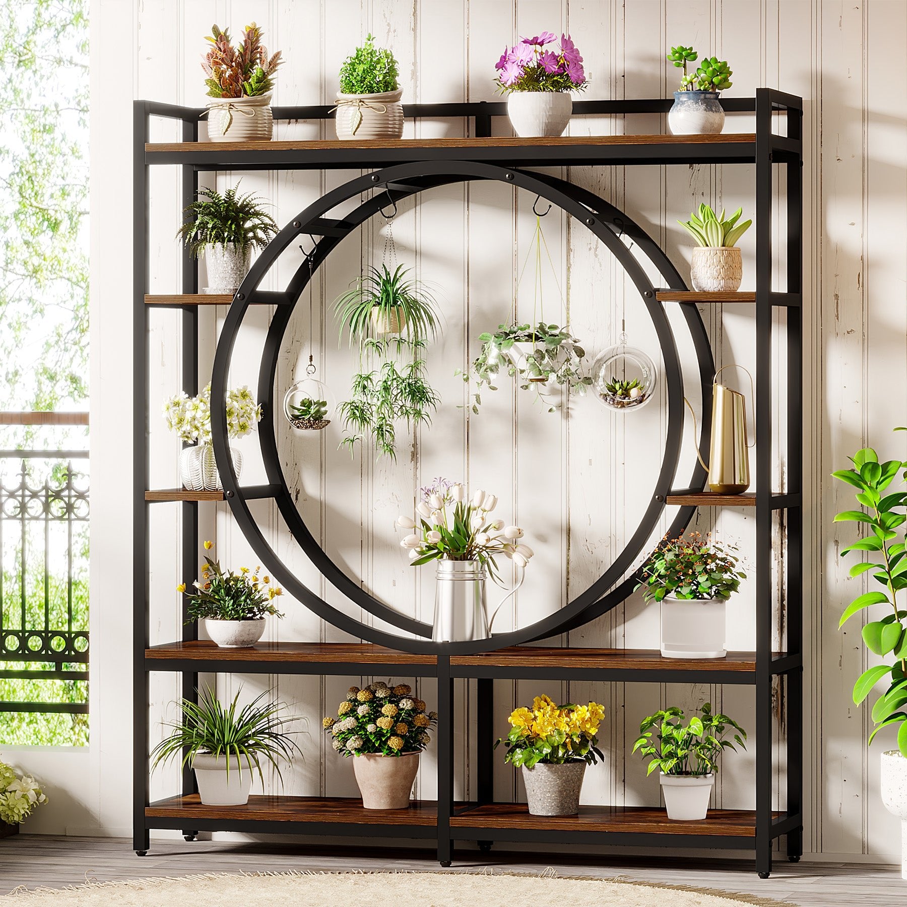 5 Tier Plant Stand Half Circle Shape Plant Shelf w/ Hanging Hook Planter  Display