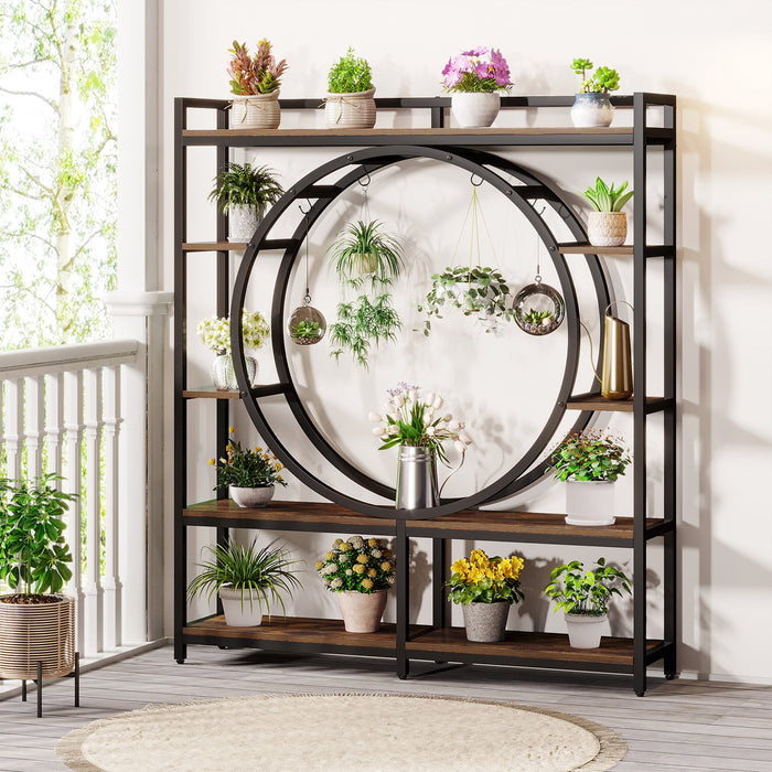 5-Tier Plant Stand, 59" Wide Plant Shelf Display Rack with 4 Hanging Hooks Tribesigns