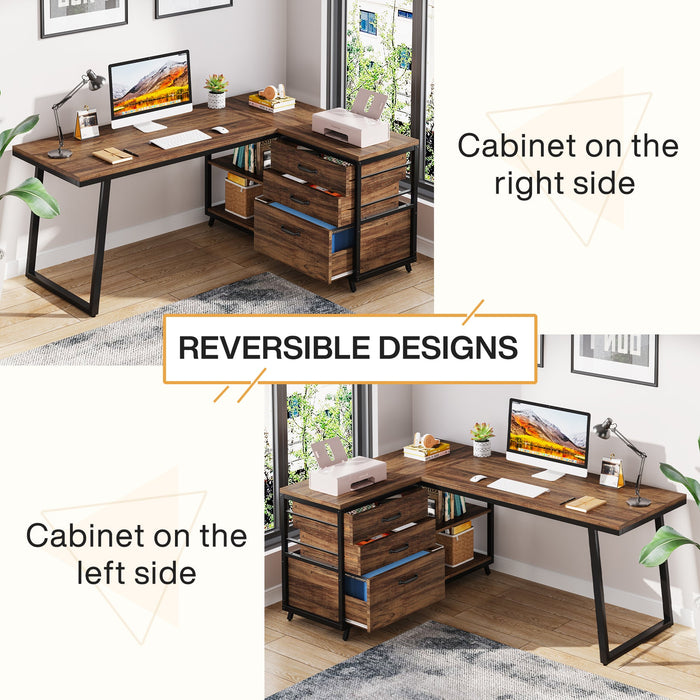 53" Reversible L-Shaped Computer Desk With 3 Drawers & Shelves Tribesigns