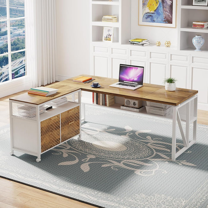 55" / 63" L-Shaped Executive Desk with Storage Shelves and Mobile File Cabinet Tribesigns