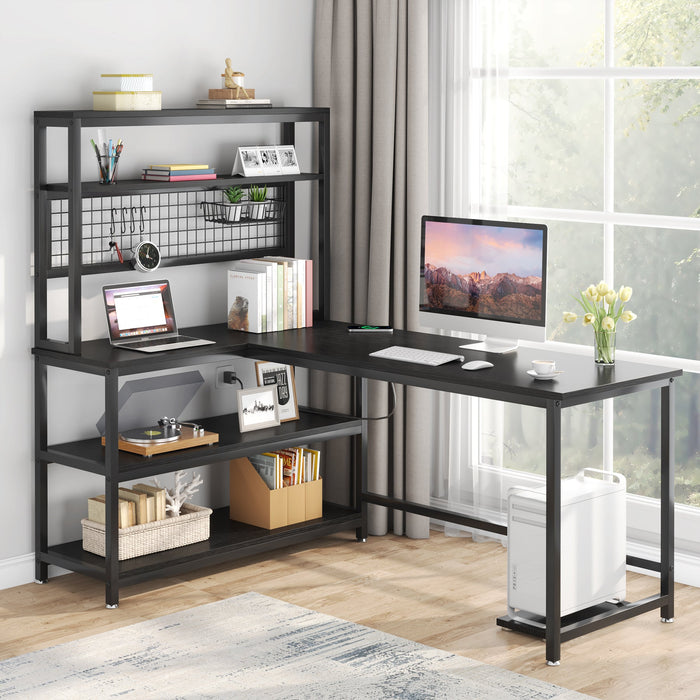 55" Reversible L-Shaped Desk with Wireless Charging & Shelves Tribesigns