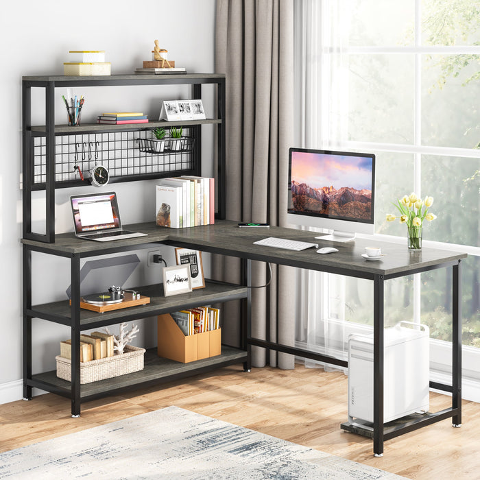 55" Reversible L-Shaped Desk with Wireless Charging & Shelves Tribesigns