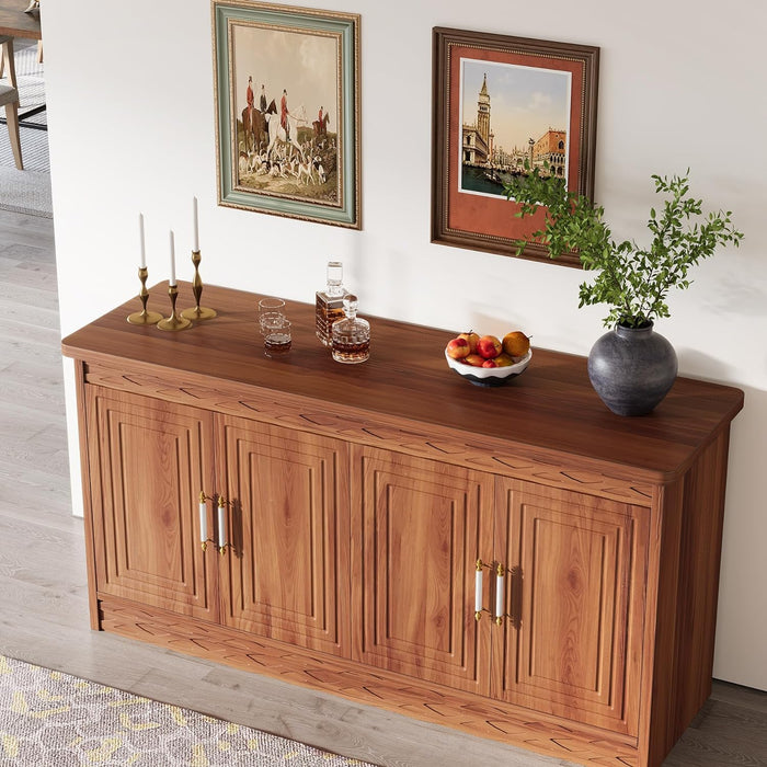 55" Wood Sideboard Buffet Cabinet with 4 Doors and Adjustable Shelf Tribesigns