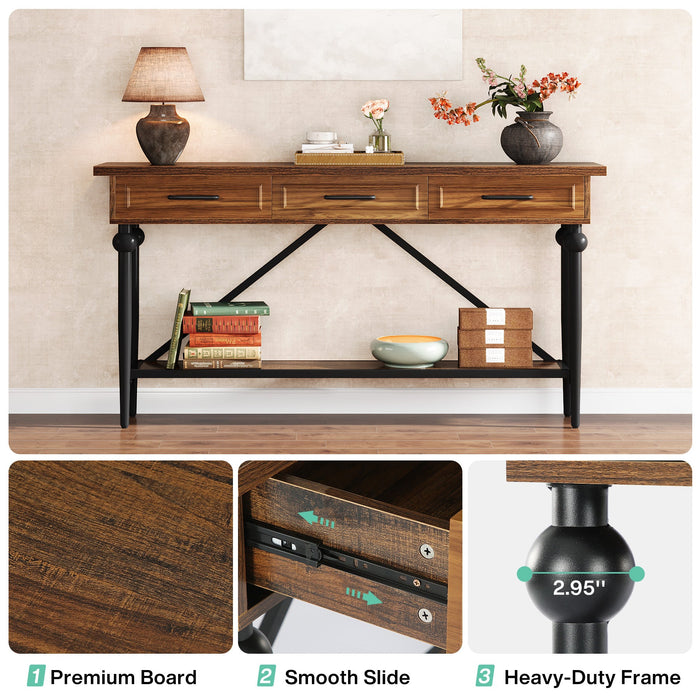 59" Console Table, 2-Tier Sofa Entryway Table with 3 Drawers Tribesigns