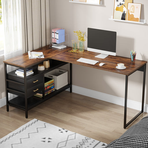 59" L-Shaped Desk, Computer Desk with 2 Drawers & Storage Shelves Tribesigns