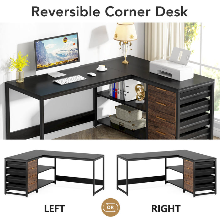 59" L-Shaped Desk, Reversible Corner Desk with Drawers & Shelves Tribesigns