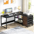 Tribesigns 59-Inch Reversible Black Corner Desk with 4 Drawers and 2 Storage Shelves