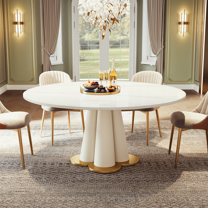 59" Sintered Stone Round Dining Table with Four-Leaf Clover Stainless Steel Base Tribesigns