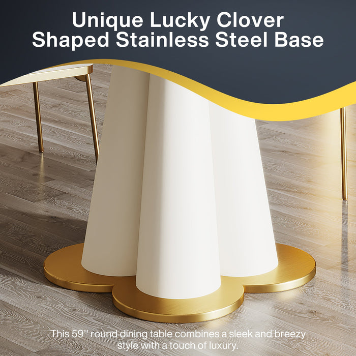 59" Sintered Stone Round Dining Table with Four-Leaf Clover Stainless Steel Base Tribesigns