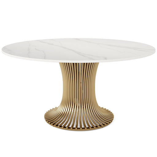 59" Sintered Stone Round Dining Table with Gold Stainless Steel Pedestal Tribesigns