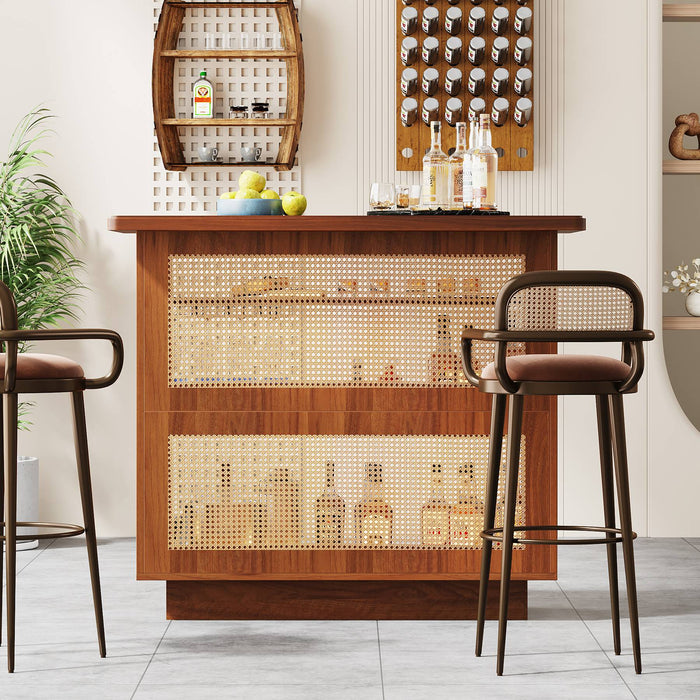 Bar Unit, 4-Tier Rattan Liquor Wine Bar Cabinet with Stemware Racks Tribesigns