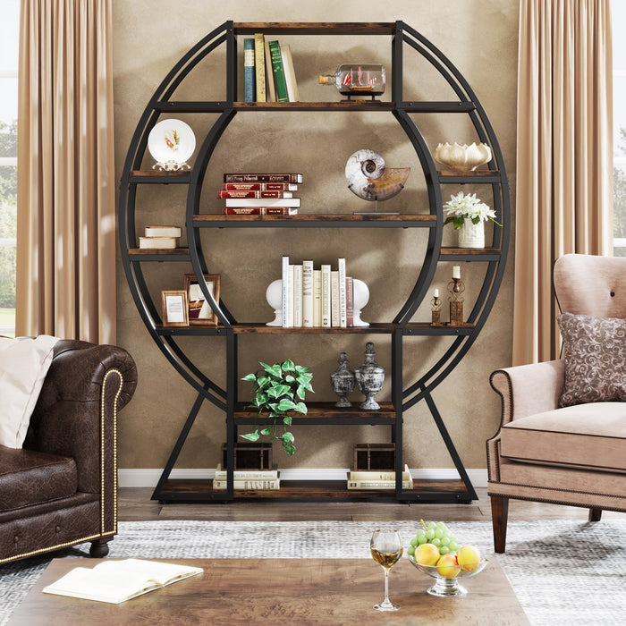 6-Tier Bookshelf, 69" Large Oval Triple Wide Bookcase with Metal Frame Tribesigns