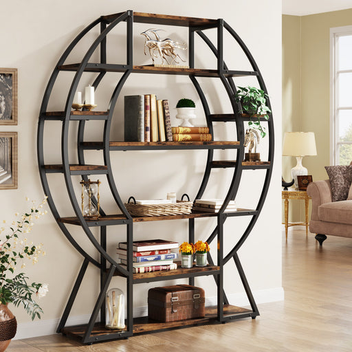 6-Tier Bookshelf, 69" Large Oval Triple Wide Bookcase with Metal Frame Tribesigns