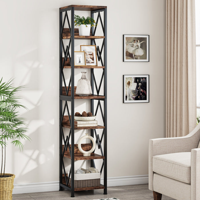 6-Tier Bookshelf, 75" Tall Narrow Bookcase Open Storage Display Rack Tribesigns