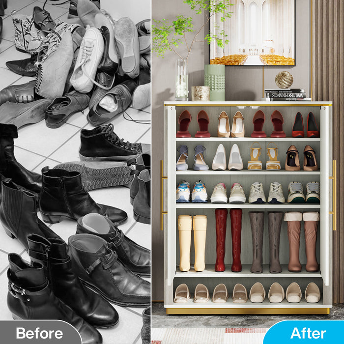 6-Tier Shoe Cabinet, Wood Shoe Organizer with Bottom Shelf & Doors Tribesigns