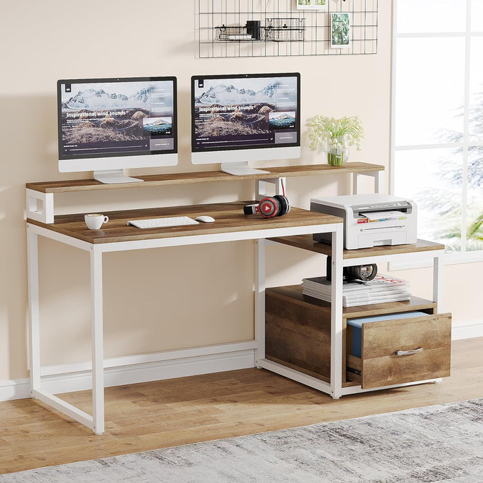 60" Computer Desk Study Table with Storage Shelves and File Drawer Tribesigns