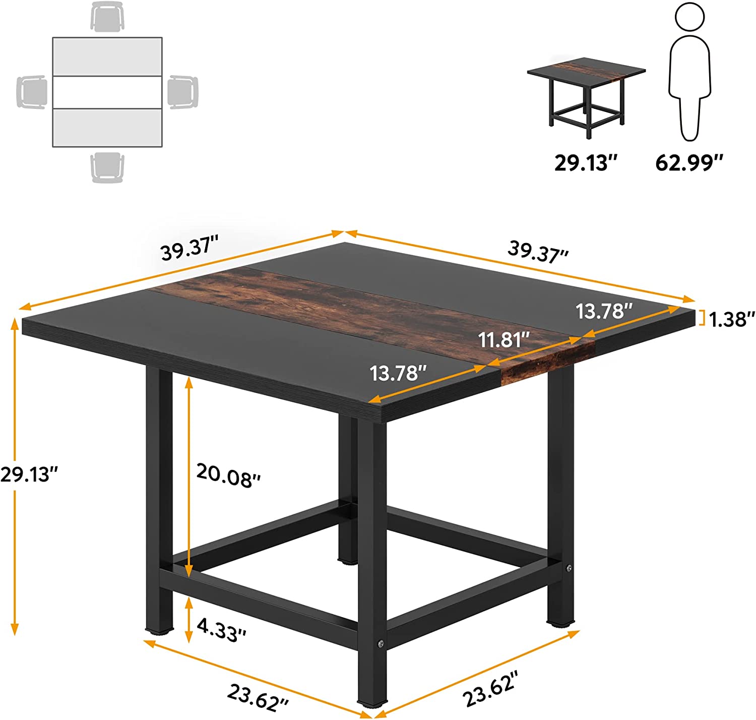 Tribesigns Dining Table, Rustic 39"x 39"x 29" Kitchen Table for 4