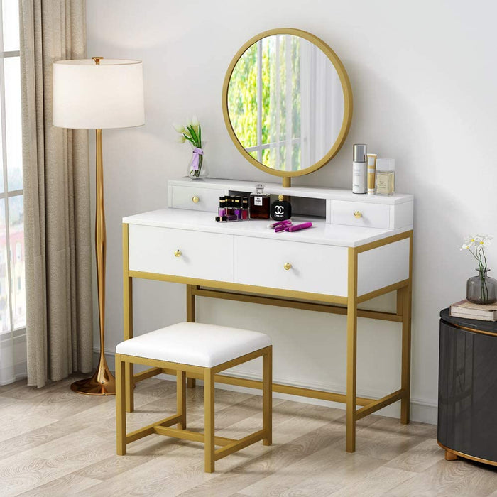 Makeup Vanity, Large Dressing Table with 4 Drawer & Cushioned Stool Tribesigns