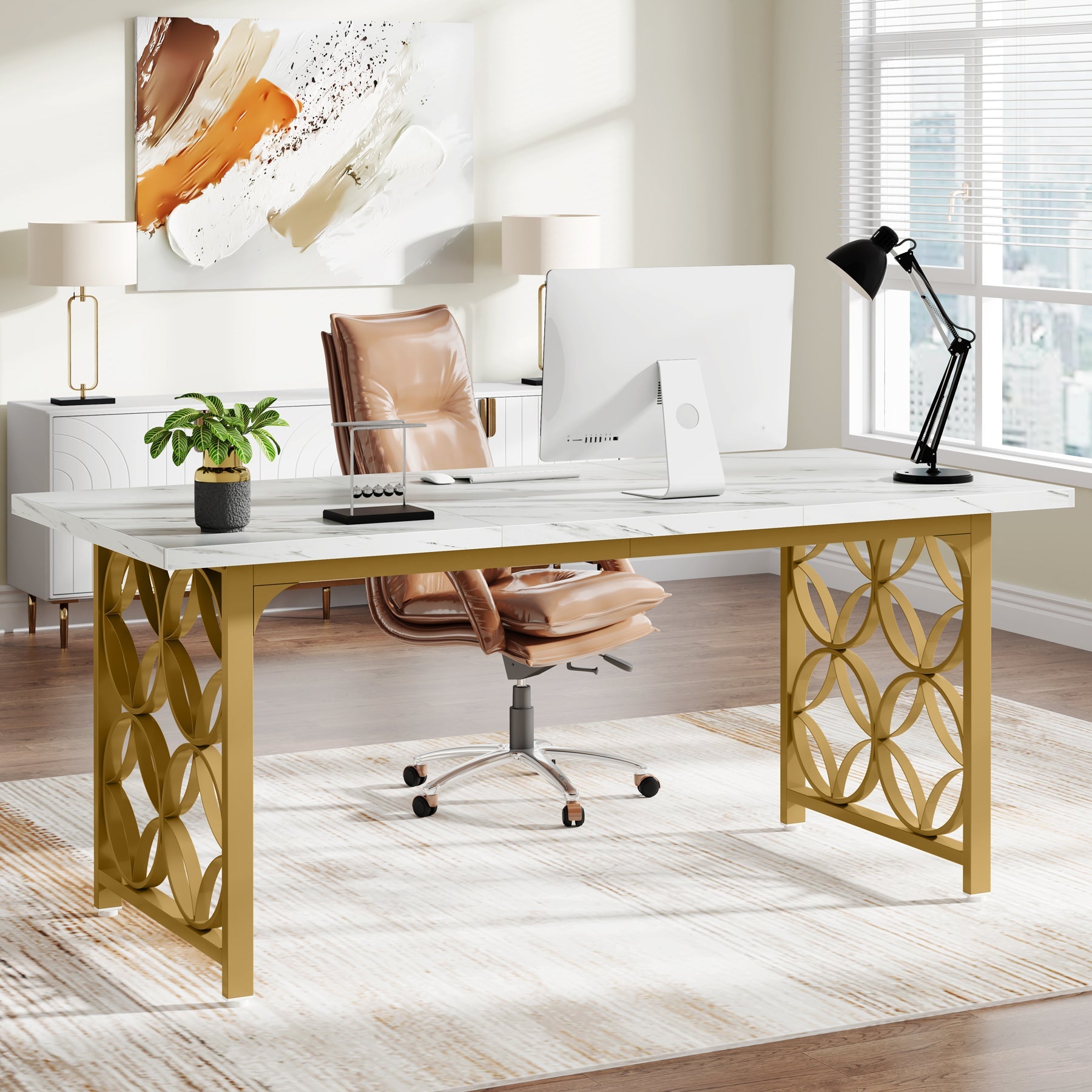 63 Modern White Wooden Computer Desk Rectangular Office Desk with Gold  Frame