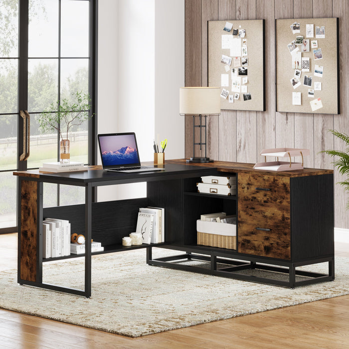 63" L-Shaped Desk, Large Executive Business Desk with Drawers and Shelves Tribesigns
