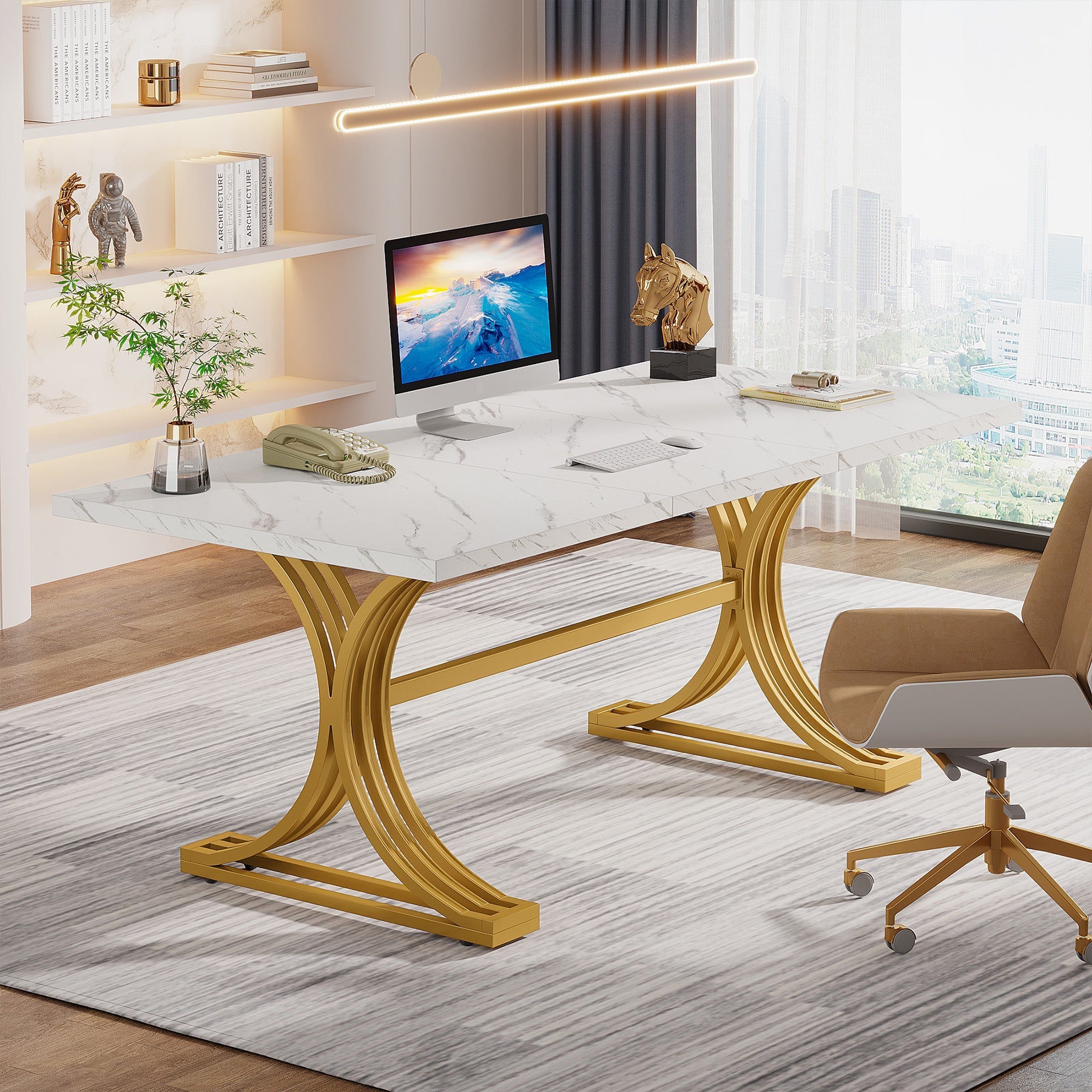 63" Modern Executive Computer Desk with Faux Marble Tabletop - Thumbnail 5