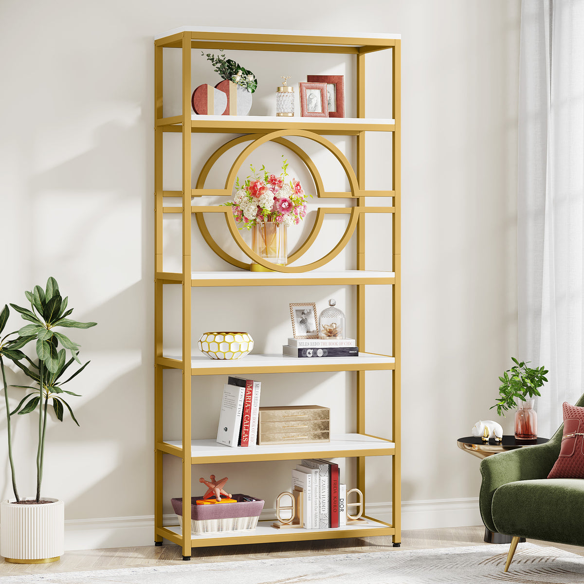 Bookshelf Industrial 5 Tier Etagere Bookcase, Freestanding Tall