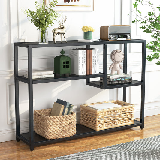 Console Table, Small Black Entryway Table with Storage Shelves Tribesigns