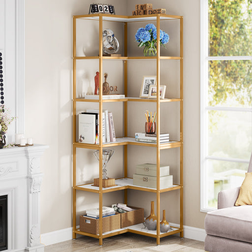 6-Shelf Corner Bookshelf, 70.5 L-Shaped Etagere Bookcase
