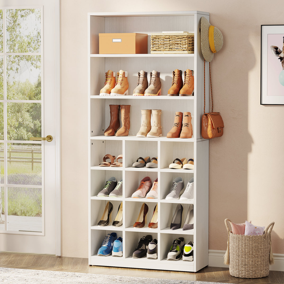 Tribesigns Shoe Cabinet, Freestanding Shoe Rack with Side Hooks