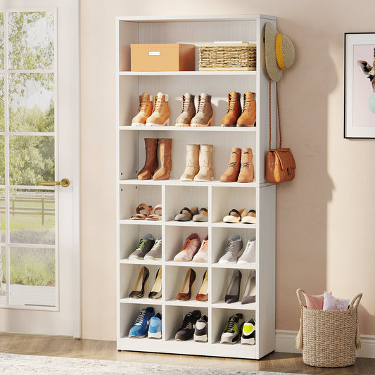 Freestanding Shoe Cabinet, 24 Pair Shoe Rack with Side Hooks Tribesigns