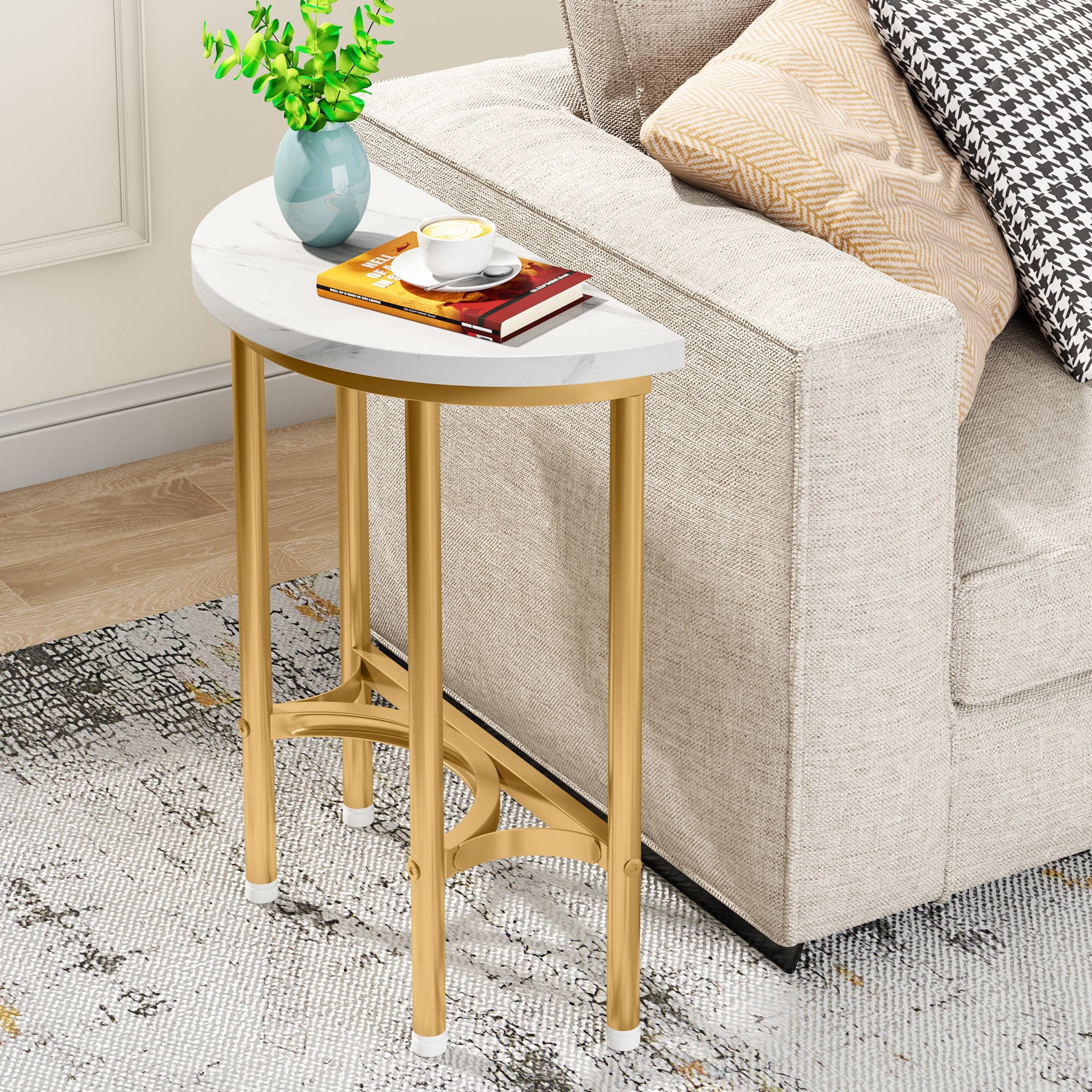 Faux Marble End Table Semi Circle, 20'' Small Half Round Side Tables with Base Metal Legs White+Gold