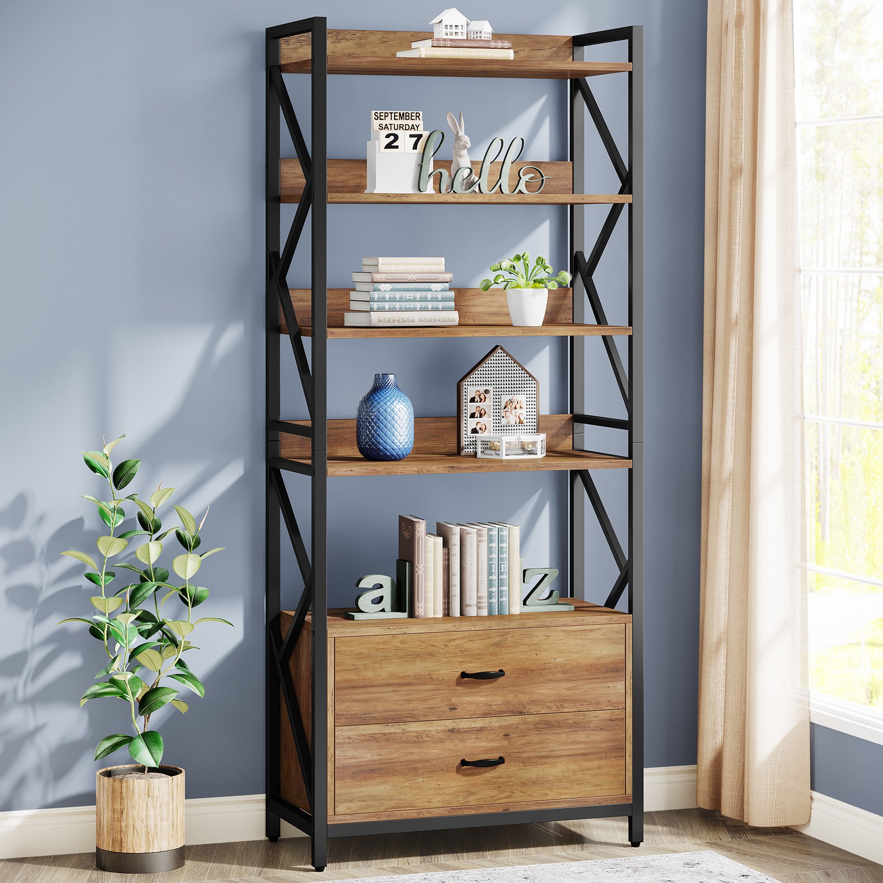 Tribesigns Bookshelf, 70.86" Industrial 5-Tier Bookcase With 2 Drawers