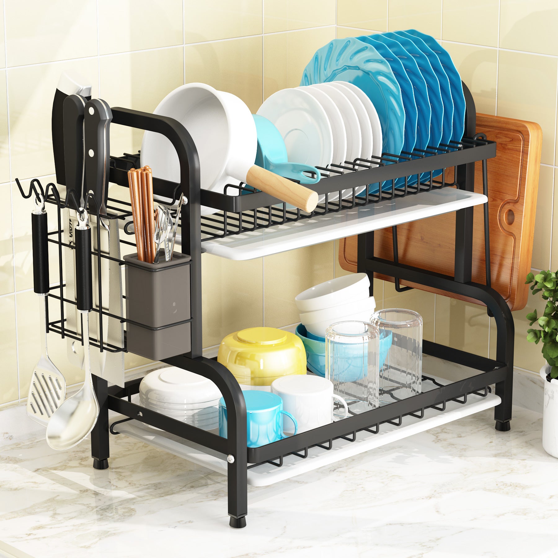 2 Tier Dish Drying Rack 4 Hooks Cutting Board Holder Large Capacity Dish  Bowl Draining Storage Rack for Small Kitchen Countertop