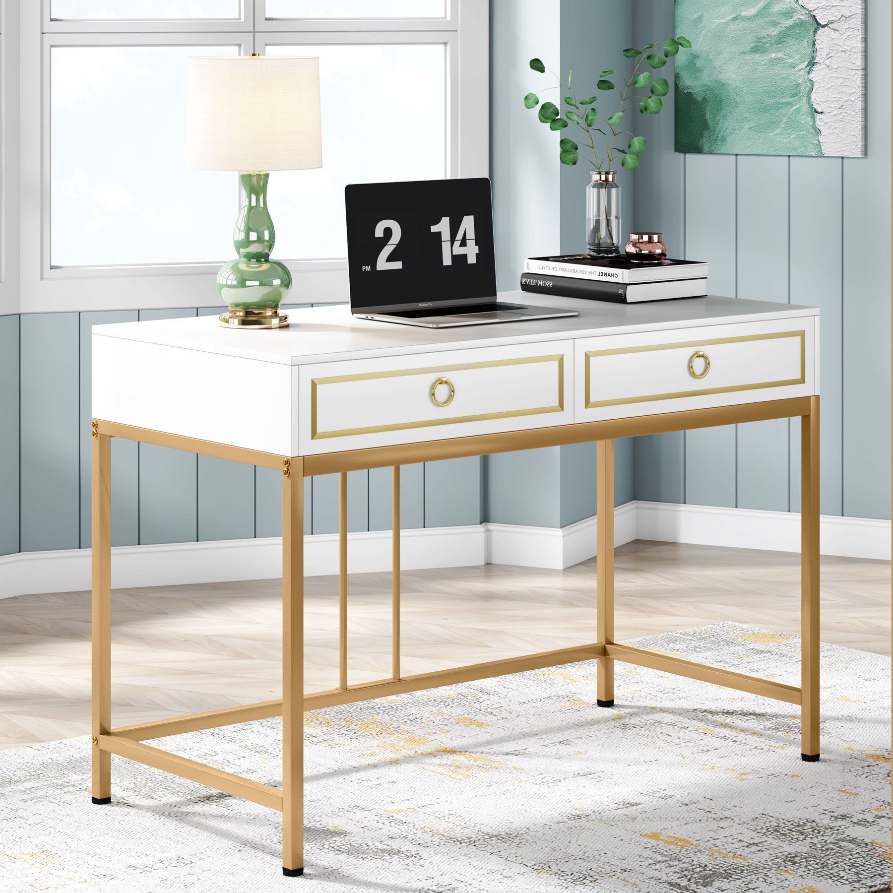 Tribesigns Computer Desk, Modern Simple 47 inch Home Office Desk Study  Table Writing Desk with 2 Storage Drawers, Makeup Vanity Console Table,  White