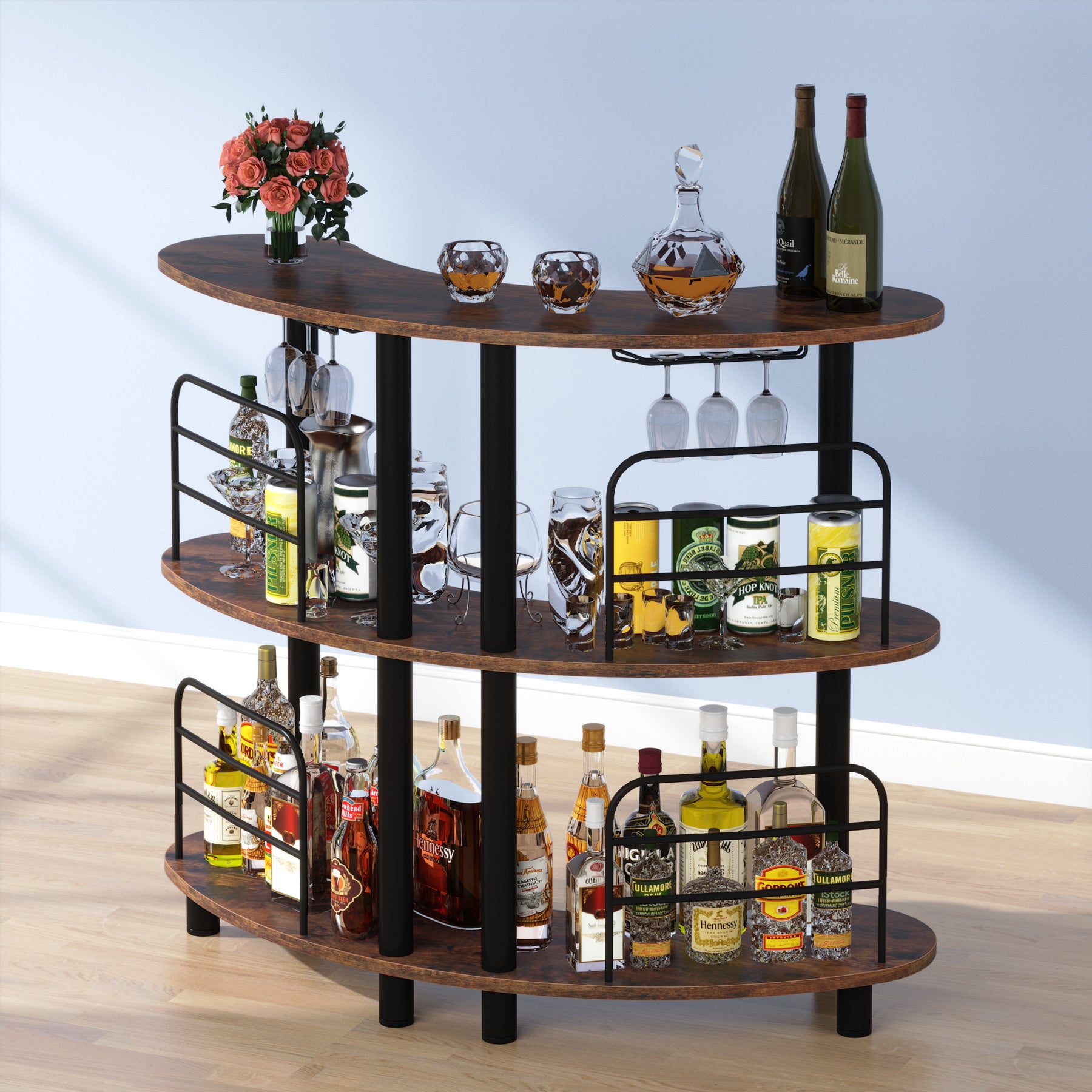 Home Bar Unit 3-Tier Liquor Bar Table with Glasses Holder Wine Storage - Black